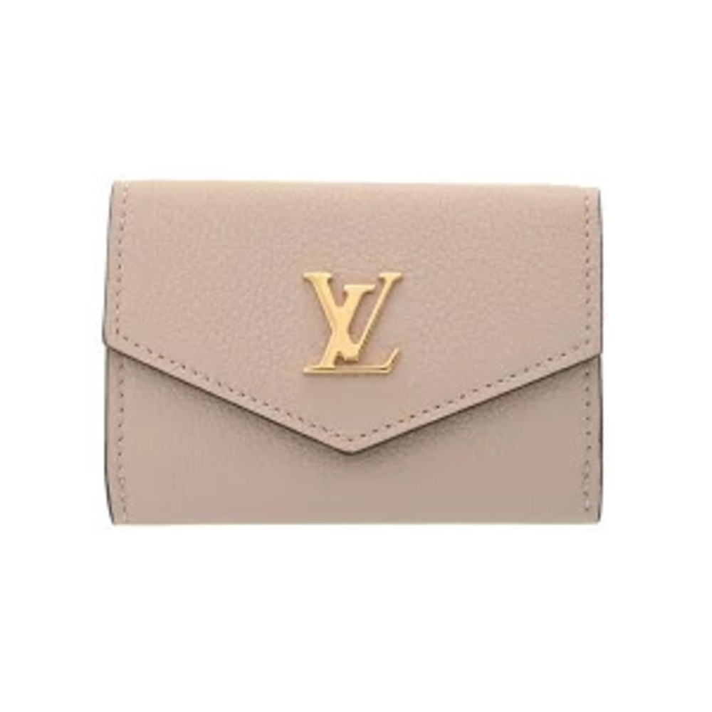 Louis Vuitton Portefeuille Lock Calf Leather Trifold Wallet Greige Gray